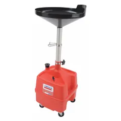 Portable container for collecting and storing used oil during vehicle or equipment maintenance. 8-gallon capacity. Red color with black/red type designation. Overall height 22 1/2 in, length 16 in, diameter 17 5/16 in.