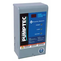 Single-phase pump motor protector for motors up to 1-1/2 HP. Monitors voltage with overvoltage trip at 125/240V AC and undervoltage trip at 105/220V AC. Measures 2.8 in x 4.8 in x 8.4 in. Suitable for protecting motors in water well, irrigation, and industrial pumping applications.