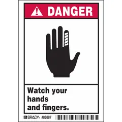 Polyester adhesive signs warning of hand and finger hazards. Each sign measures 5 in x 3 1/2 in nominal size, 0.01 in thick. Not retroreflective or glow-in-the-dark. Supplied in a 5-pack for mounting on machinery, panels, or walls in areas with pinch-point or crush risks.