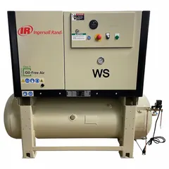 This 10 hp oil-free scroll air compressor features a 120-gallon horizontal tank, delivering 31.9 cfm at 145 psig. It operates on 460V AC three-phase power. Suitable for applications requiring clean, oil-free compressed air.