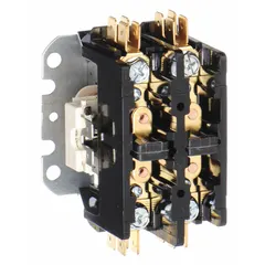 This SQUARE D definite purpose contactor is a single-phase, 2-pole non-reversing unit with a 2NO main pole contact form. It features a 110/120V AC coil voltage, 30 A rating, and 600V AC maximum voltage. Screw clamp terminals provide secure connections. Typical applications include switching compressors, condenser fans, and other single-phase loads in HVACR systems.