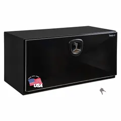 This single drop-down door box from BUYERS PRODUCTS is designed for underbody truck storage. It features an 18-inch overall depth and a keyed lock for security. The black finish provides a professional appearance. Suitable for organizing tools and equipment in service vehicles and fleet maintenance applications.