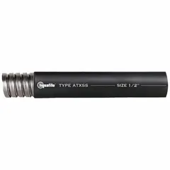 This corrosion resistant liquid-tight metallic conduit from the ATXSS series is designed to protect electrical wiring in environments exposed to moisture and corrosive elements. It has a 1-inch trade size, black finish, and a nominal length of 100 feet. Suitable for industrial applications requiring robust conduit protection.