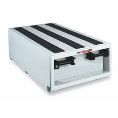 This steel storage drawer unit mounts in a truck or van bed to organize tools and parts. It features two drawers and a white finish. Typical applications include secure, accessible storage for maintenance, field service, and similar mobile work environments.