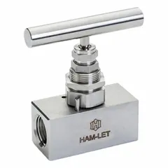 This HAM-LET H99 Series needle valve features a 316 stainless steel straight body with FNPT x FNPT connections, a screw-in bonnet, and a V-stem for precise flow control of liquid media. It is equipped with a metal tee handle and complies with ISO 2006(E) standards. Suitable for use in industrial piping systems requiring corrosion resistance and accurate regulation.