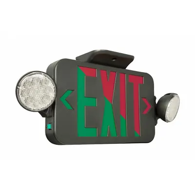 LED Lighted Exit Sign: Black, 1 or 2 Faces, Green/Red, LED, Ceiling, Nickel Cadmium - Plastic Exit Signs with Round Side-Mount Light Heads