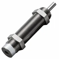 Steel industrial shock absorber with 63 mm extended length and 9.8 N force rating. Used to decelerate and dampen impact forces in automated machinery, conveyors, and packaging equipment.