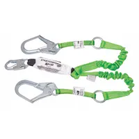 Two-leg shock-absorbing lanyard with steel rebar hook and steel snap hook for fall arrest systems. Polyester webbing with visual load indicator to verify post-fall integrity. Green color. Suitable for construction and industrial fall protection applications