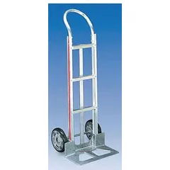 This MAGLINER hand truck features a flow-back design with a silver aluminum frame and rubber tread-on-core wheels. It is intended for moving loads in industrial, warehouse, and commercial settings where corrosion resistance is required.