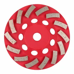 This 4-1/2" diameter turbo diamond cup grinding wheel features a 5/8"-11 arbor and 14 diamond segments. Designed for aggressive material removal and surface preparation on concrete, masonry, and stone. Suitable for grinding, shaping, and smoothing surfaces in construction and renovation applications.