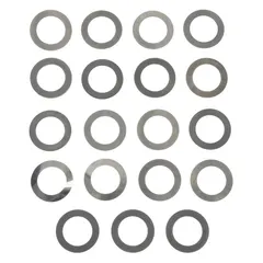 This 19-piece arbor shim assortment is made of steel and sized in inches. Each shim has an inside diameter of 0.75 in and an outside diameter of 1.125 in. Thickness tolerance is +/-10%, inside diameter tolerance is +0.011/-0.000 in, and outside diameter tolerance is +/-0.002 in. Used for spacing or aligning components on shafts and arbors in industrial machinery.