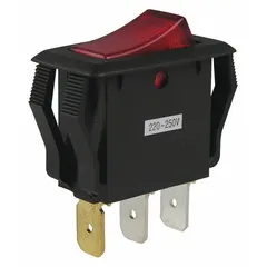 General purpose SPST rocker switch with two positions (On/Off). Rated 20 A at 125 V AC and 1/3 hp. Black actuator with red indicator. Requires 0.550 in panel cutout for terminal connection. Suitable for On/Off control of appliances, power tools, lighting, and industrial equipment.
