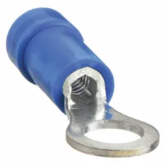 Vinyl-insulated ring terminal for terminating 16 to 14 AWG wire on #10 studs. Rated 600 V. Blue insulation provides strain relief and protection against short circuits. Suitable for power distribution and control wiring applications.
