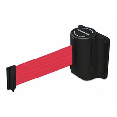 This wall-mount retractable belt barrier features a red belt and black frame. It is designed for fixed mounting with a plate or removable mounting plate pattern. Used for crowd control and area delineation in industrial environments.