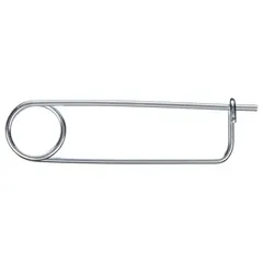 Steel coiled tension safety pin with 5 3/4 in shank length and 3 3/4 in usable length. Inch-dimensioned. Supplied in a 10-pack. Used for securing springs or retaining components in machinery and other industrial applications requiring reliable holding.