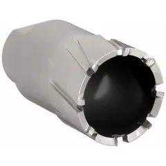 Carbide-tipped annular cutter with alternate-tooth design for efficient chip evacuation. Cuts precise holes in metal. Includes pilot pin. Bright finish. 1-13/16 in diameter, 2 in max cutting depth.