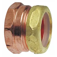 This wrot copper adapter connects 1-1/2 in threaded pipe to 1-1/2 in copper tube for drain, waste, and vent systems. It features a female NPT (FNPT) end and a compression end for secure transitions between pipe and tubing