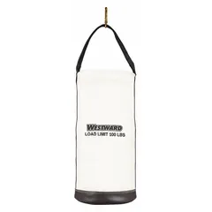 This canvas bucket bag from WESTWARD is designed for carrying tools, parts, or supplies on job sites. It features a single handle with snap hook for easy attachment to belts or ladders, and a zipper closure to secure contents. The off-white canvas body with split-leather bottom offers durability for general industrial use.