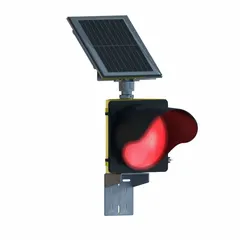 Solar-powered LED beacon with red light flashing at 60 flashes per minute. Yellow polycarbonate housing with included mounting bracket. Used to alert drivers to hazards or regulatory signs in work zones, school zones, or intersections.