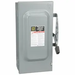 This SQUARE D fusible safety switch is rated for 100 A, single-phase, 240V AC circuits. It features a galvanized steel enclosure designed for indoor use. The switch provides a visible disconnect means for electrical maintenance and emergency shutdown in commercial and light industrial applications.