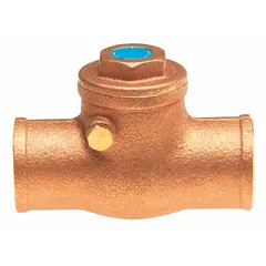 This lead-free brass inline swing check valve features a 1/2 in pipe size with sweat x sweat connections. Designed for inline installation, it prevents backflow in plumbing and heating systems, allowing flow in one direction only.