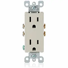 This LEVITON decorator duplex receptacle is rated 125V AC, 15A, with a NEMA 5-15 configuration (2 pole, 3 wire). The Light Almond finish suits standard wall boxes for general-purpose power distribution in residential, commercial, and light industrial environments.