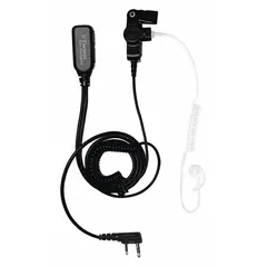 This earpiece is designed for use with Kenwood TK-5410 series radios. It features a clear earbud and a shirt/lapel microphone for hands-free communication. The single-wire design includes a push-to-talk button and a two-pin connector.