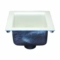 Square cast iron floor sink with a 12-inch overall width, 6-inch sump depth, and 2-inch nominal pipe size. No-hub connection with white enamel finish. Collects and directs wastewater from floor surfaces into the plumbing system, commonly used in commercial kitchens, restrooms, and industrial areas