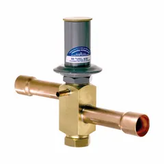 Two-way pressure-actuated water regulating valve with a brass body and 5/8 in female sweat pipe connection. Used to modulate water flow in response to system pressure changes, commonly applied in HVAC cooling circuits and industrial fluid systems to maintain set pressure.