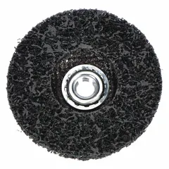 Silicon carbide, extra-coarse non-woven disc for coating removal on thin-gauge metals. Features a depressed center design for use with angle grinders. Strips paint, rust, and surface contaminants without damaging the base metal. Commonly used in automotive refinishing, metal fabrication, and maintenance.