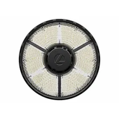 Round LED bay light for high-bay applications such as warehouses and factories. Replaces 400W metal halide fixtures. Operates on 120 to 347V AC with 5000K color temperature. Available in lumen outputs of 21,000 lm, 24,000 lm, and 27,000 lm.
