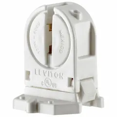 This lampholder accepts miniature bi-pin (G5) lamps and is rated for 120 watts. It features a white finish and an overall length of 1-1/8 inches. Commonly used in signage, display cases, and under-cabinet lighting fixtures.