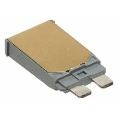 Plug-in mount automotive circuit breaker with blade terminal connection for 14V DC systems. Type I (non-cycling) design with ATC footprint for standard fuse blocks. Interrupt rating 150 A at 14V DC. Suitable for overcurrent protection in vehicle electrical circuits.