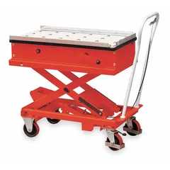 Steel scissor-lift table with a 40 in L x 20 in W platform and 45 1/4 in max lifting height. Used in industrial and warehouse settings for lifting, positioning, and transporting loads. Suitable for assembly lines, workstations, and material handling tasks requiring ergonomic height adjustment.