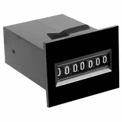 Front-panel-mounting electromechanical counter with a 7/8 in x 1 1/4 in white display. Operates on 6 V DC to 12 V DC. Complies with REACH standards. Used for counting cycles, parts, or events in industrial machinery and production lines.