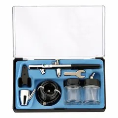 This conventional airbrush kit includes a jar with lid and is suited for precision painting, detailing, and touch-up work. It operates at an air consumption of 0.3 cfm @ 40 psi with a maximum working pressure of 50 psi.