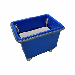 This spring lift kit includes a blue vinyl-covered platform measuring 34 in x 22 in x 5/8 in with powder-coated attachment clips and springs. Designed for use with the 4616/PTB Poly Truck, it supports a 150 lb capacity and is used in material handling applications to assist in raising and lowering loads.