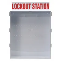 Wall-mounted lockout board made of polystyrene with a closed cover and board-only visibility. Includes six key hooks for organizing small lockout device kits (1-3 devices). Unfilled, allowing users to add their own padlocks and hasps. Suitable for organizing lockout/tagout equipment in industrial settings