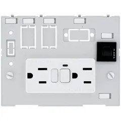 This panel interface insert provides two NEMA 5-15 GFCI-protected sockets and a 3A fuse reset for overcurrent protection. Rated for 125 V AC, it is designed for use in control panels and equipment enclosures to distribute power safely.