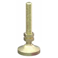 This drop-in pivot leveling foot is designed for single extrusion profiles in structural framing systems. It is made of cast iron with a zinc-plated finish and features a 5/16"-18 thread size. The foot is adjustable and includes fasteners for installation. Typical applications include providing stable support for workstations, automation equipment, and industrial framing