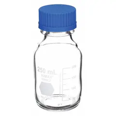 This 250 mL glass media bottle features a wide mouth and a GL 45 screw-on closure, which is included. The colorless borosilicate glass body is suitable for storing, mixing, and dispensing laboratory media, buffers, and reagents under aseptic conditions. Typical applications include microbiology, cell culture, and pharmaceutical preparation.