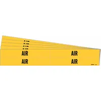 Yellow adhesive pipe marker with black 'Air' legend for identifying compressed air lines. Fits pipe outer diameters from 3/4 to 2-3/8 inches. Pack includes 4 markers without arrows, sold in a 5-pack quantity. Suitable for industrial piping systems requiring clear content identification