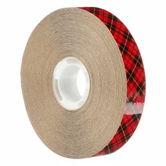 This reverse-wound adhesive transfer tape features a permanent acrylic adhesive on a kraft paper liner. It is transparent and UV-resistant, with a thickness of 5 mil and a length of 36 yards. Suitable for bonding applications requiring a clear, durable bond, such as graphics mounting, nameplate attachment, and industrial assembly.