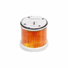Multimode light module with amber lens for visual indication. Operates on 24V AC with a 2 15/16 in overall diameter. Provides flashing and steady light modes for status signaling in industrial control and automation applications.