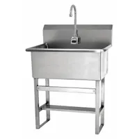 This one-station freestanding hand sink with faucet has a 22 in bowl length and 10 1/2 in bowl depth. It is battery powered with a 0.5 gpm flow rate. The unit is suitable for hand-washing in settings where plumbing access is limited