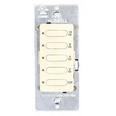 Digital pre-set countdown timer without wall plate. Single-pole single-throw (SPST) switch rated for 120/277V AC. Light almond finish. 2-hour minimum timing range. Used for timed control of lighting, exhaust fans, and other loads in commercial and industrial spaces.