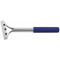 Floor scraper with a full carbon steel blade in a straight shape for stiff scraping tasks. Steel handle features a foam grip for comfort. Suitable for removing adhesives, paint, or debris from floors and surfaces.