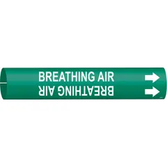 Green snap-on pipe marker with white legend reading 'Breathing Air' and directional arrows. Fits pipe outer diameters from 2-1/2 to 3-7/8 inches. Used to identify breathing air lines in industrial piping systems, aiding in compliance with pipe-marking standards.
