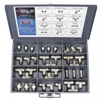 This 36-piece kit includes brass push-to-connect fittings in connector, elbow, tee, and union shapes. Used for assembling pneumatic or fluid systems, it enables quick tube connections without tools. Suitable for industrial controls and automation applications