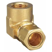 This self-aligning brass compression fitting connects 3/8 in OD tubing to 1/4 in FNPTF threaded pipe. Supplied in a 10-pack, it is used for tube-to-pipe connections in fluid systems requiring a 90° elbow configuration